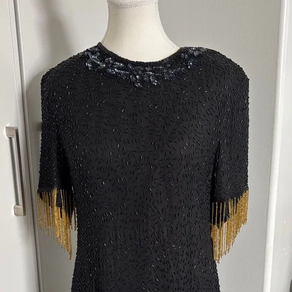 Vintage Silk Lori Ann Elegant Black and Gold Sequin Fringe Dress - Picture 2 of 14